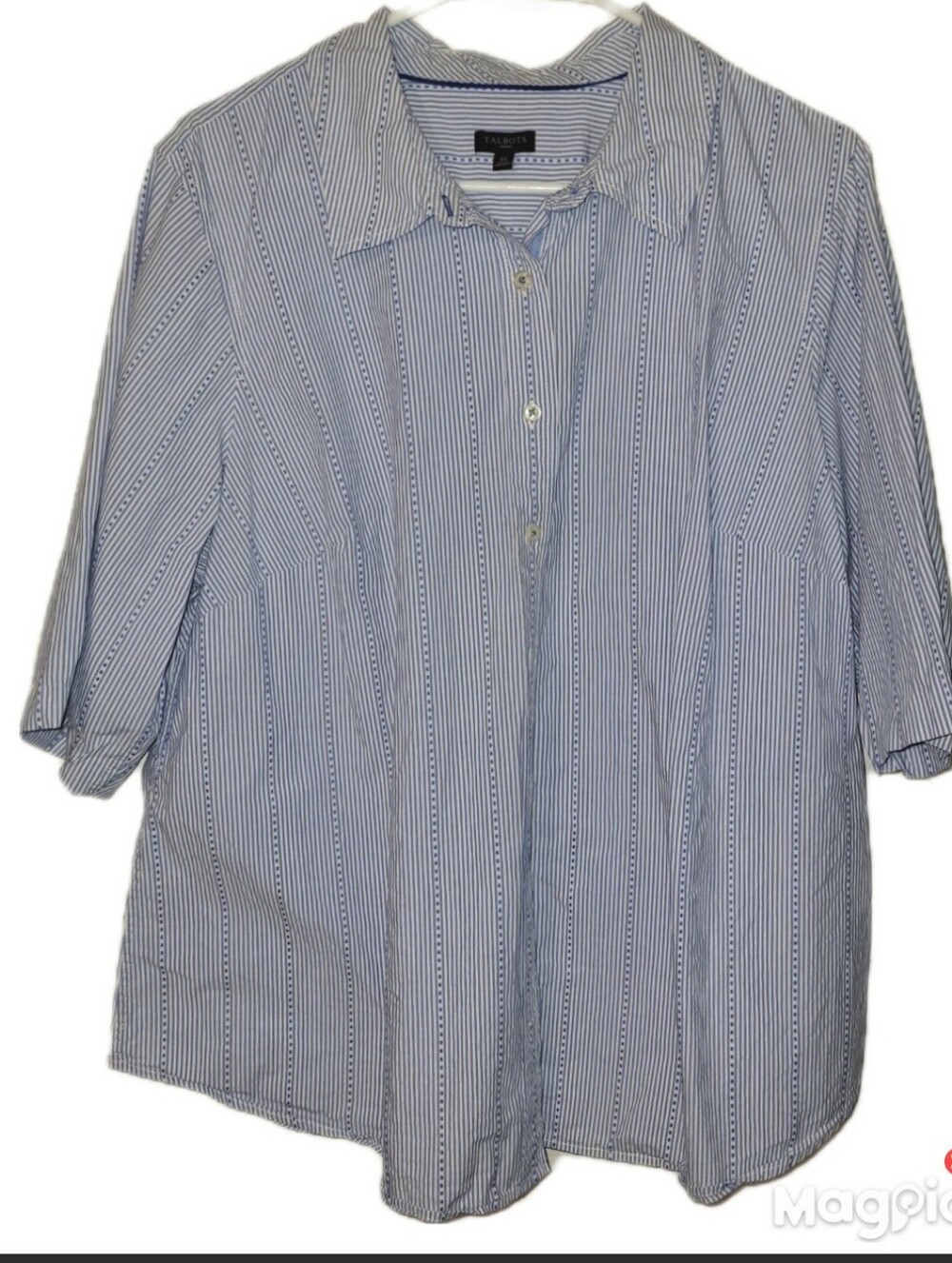 Talbots Woman Button Up Shirt 2X Blue White Stripe Cotton 3/4 Sleeve Collared